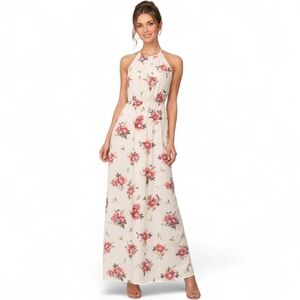 Scobe Floral Halter Maxi Dress Cream Pink Rose Print Size Medium Boho Wedding